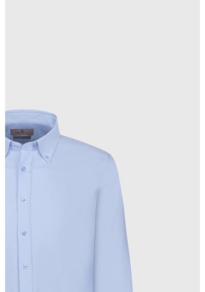 Erkek Mavı %100 Pamuk Slim Fit Dar Kesim Düğmeli Yaka Oxford Gömlek Mavi