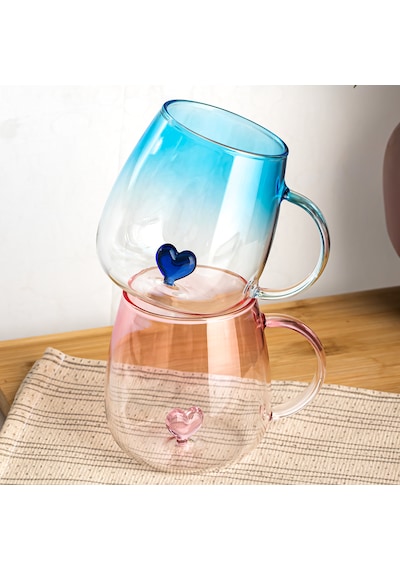 Porsima Pbt-707 Dream Love Hearts - 400ml Romantik Kalp Tasarımlı 2'li Renkli Borosilikat Cam Kupa Seti Şeffaf