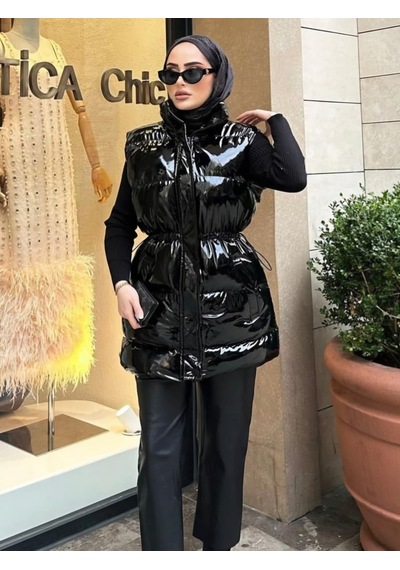 Hb Harma Time Butik Kadın Fermuarlı Çıt Çıtlı Cepli Siyah Parlak Şişme Yelek