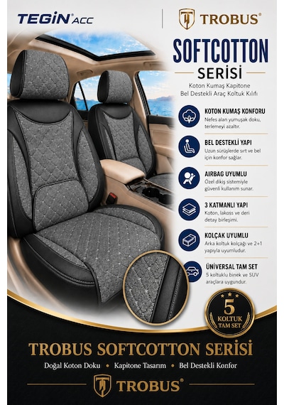 Renault Kangoo Combi 2008-2021 Uyumlu Softcotton Serisi Füme - Siyah Oto Koltuk Kılıfı