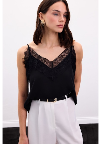 Sateen Dantel Detaylı Askılı Bluz - Siyah-136873 Siyah
