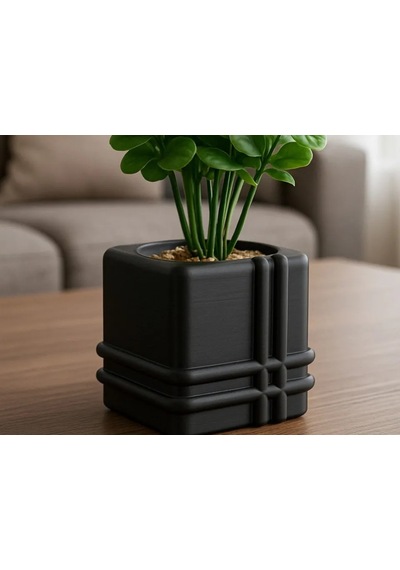 3d Baskı Square Planter - Izgara Desenli Küp Saksı-siyah