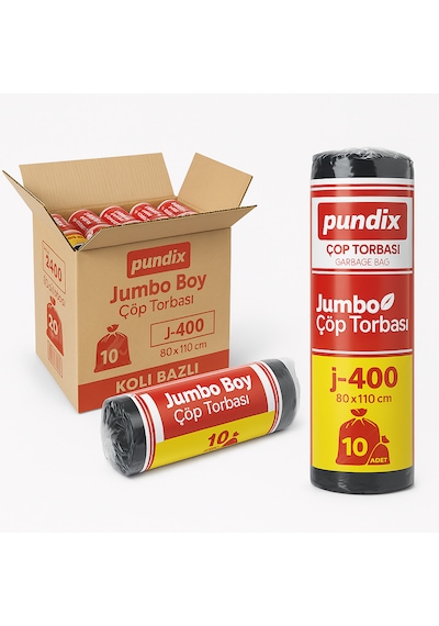 Pundix Pundıx J400 Endüstriyel Çöp Poşeti 80x110 Cm Siyah Jumbo Boy Kalın Seri 1 Koli 20 Rulo / 200 Adet Dayanıklı, Sızdırmaz Ve Geniş Hacimli Çöp Torbası