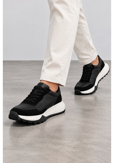 Ht Hotin Rexton Erkek Hakiki Deri Bağcıklı Günlük Sneaker Ayakkabı - Siyah
