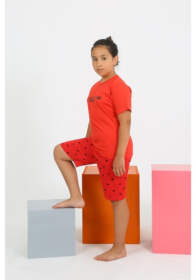 Akbeniz Kız Çocuk Şortlu Kısa Kol Penye Pijama Takım 20431 Kırmızı
