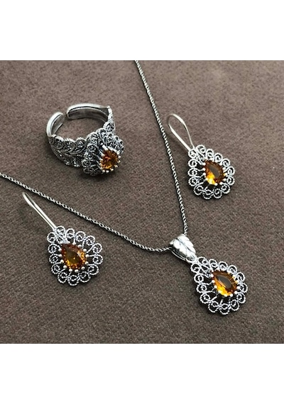 Sitrin Taşlı Oksitli Telkari Kadın Gümüş Üçlü Set