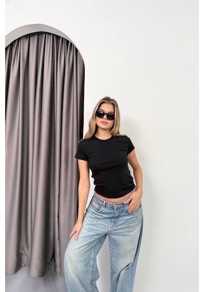 Vadon 1003 Kadın Pamuklu Slim Fit Bisiklet Yaka Yumuşak Dokulu Basic T-shirt Siyah