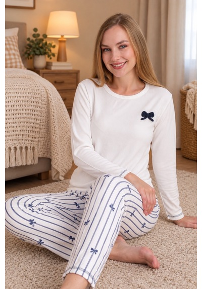 Wordex Mırano 3101 Waffle Soft Kumaş Fiyonk Desenli Kışlık Ev Kadın Pijama Takımı Ekru