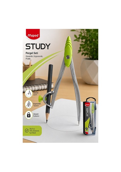Yeşil Metal Pergel Kurşun Kalemli 1 Adet Maped Study 119410 Pergel Matematik Geometri Mimari Proje Teknik Çizim