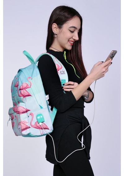 Coral High Yeşil Flamingo Desenli Sırt Çantası Okul ve Günlük - USB+AUX Soketli 23432