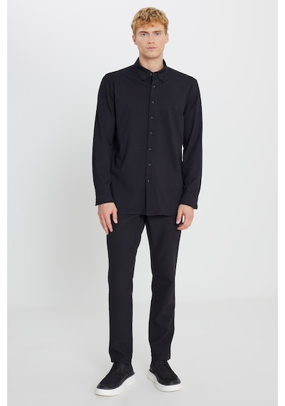 AC&Co / Altınyıldız Classics Erkek Sıyah Pamuklu Tailored Slim Fit Dar Kesim Düğmeli Yaka Örme Gömlek Siyah