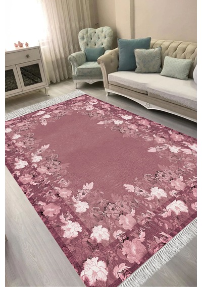 Dijital Baskılı Dikdörtgen Salon Halısı Kaymaz Yıkanabilir Keçe Taban Saçaklı Çiçekli P1388 Bordo