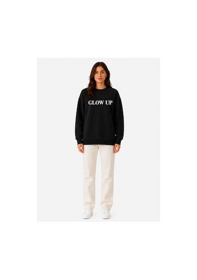 Herkesemoda Glow Up Baskı Detaylı Şardonlu 2 İplik Bisiklet Yaka Sweatshirt Siyah