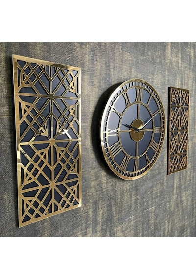 Altın Renk Aynalı Pleksi Modern Tasarım Yuvarlak Duvar Saati Tablo 3 Lü Set Sessiz Mekanizma Saat 40x40cm Tablo 50x25 Cm Gold Siyah