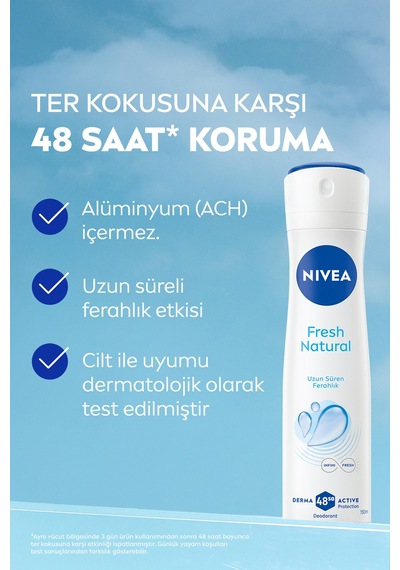 Kadın Sprey Deodorant Fresh Natural 150ml, Ter Kokusuna Karşı Koruma, Pudrasız,alüminyum İçermez