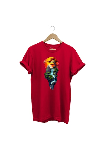 Manzara Ağaç Güneş Dağ Ve Nehir Baskılı %100 Pamuk Regular Fit Bisiklet Yaka Kırmızı T-shirt Kırmızı