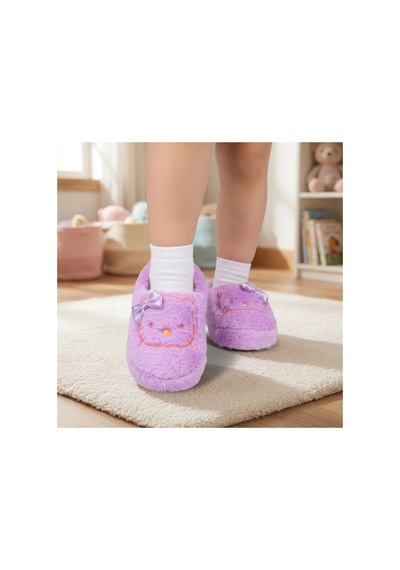 Modafocus Kız Çocuk Kedi Figürlü Peluş Panduf - Mor Mor