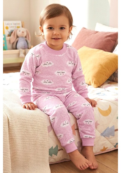 Bebegen Kız Bebek Bulut Desenli Alt Üst Pembe 2'li Pijama Takım Çok Renkli