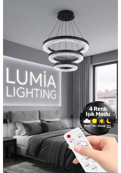 LumiaLighting Vera Model Siyah Kumandalı 3 Renk Modu Ledli Modern Salon Mutfak Çocuk Yatak Odası Led Avize