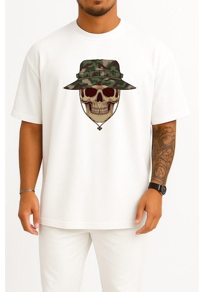 Bahriyeli Collection Oversize Kuru Kafa Asker Ve Kamuflaj Şapka Göğüs Tasarımlı Unisex T-shirt Beyaz