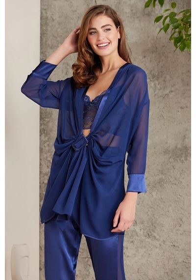 Pierre Cardin 7025 Kadın Lacivert 4'lü Saten Takım Gelin Set Lacivert