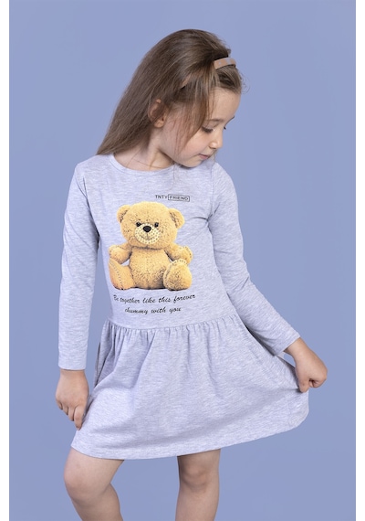 Toontoy Kız Çocuk Ayıcık Baskılı Elbise Gri Melanj