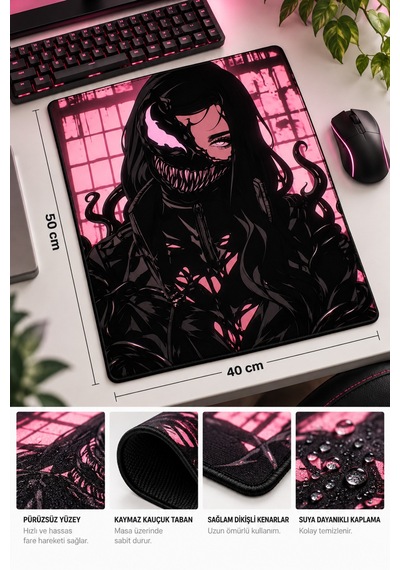 50x40 Cm Venom Girl Desenli Gaming Oyuncu Mouse Pad Kaymaz Taban Büyük Fare Altlığı