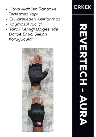 Revertech Aura Siyah / Yarım Parmak - Kaymaz Avuç İçi Özellikli Motosiklet Eldiveni Erkek