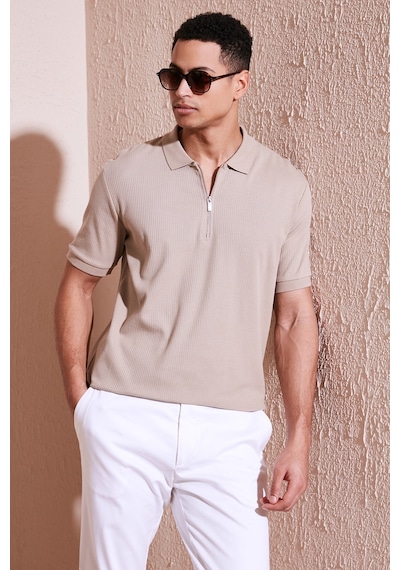 Buratti Pamuklu Regular Fit Fermuarlı Erkek Polo Yaka T Shirt 5902738 Vizon