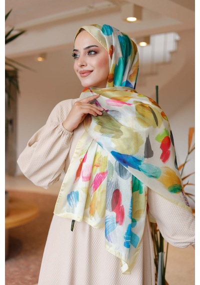 Mimiyum Nayf İpek Şal Pastel Desen Limon Sarısı