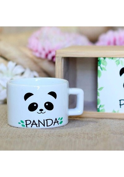 Ahşap Kutusunda Sevimli Panda Kupa Bardak Beyaz - Çok Renkli