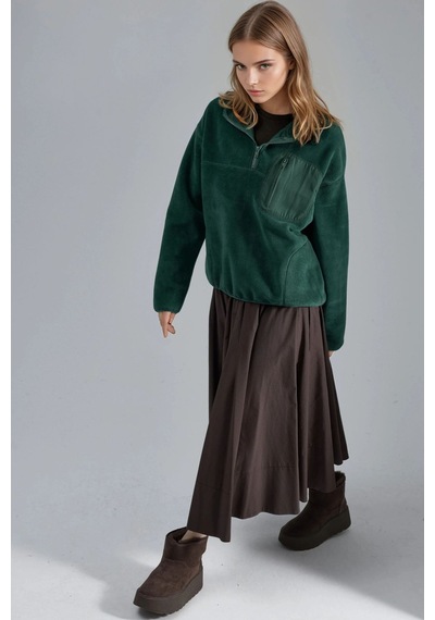 Hiccup Busem Fermuarlı Yakalı Peluş Örme Sweatshirt, Cepli Çam Yeşili