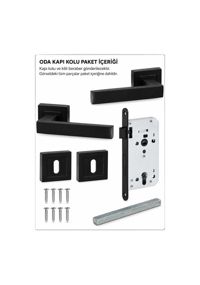 Lama Kare Rozetli Kapı Kolu Oda Siyah Ve 40mm Sessiz Oda Kilit 1 Takım 2 Adet Arkalı Önlü