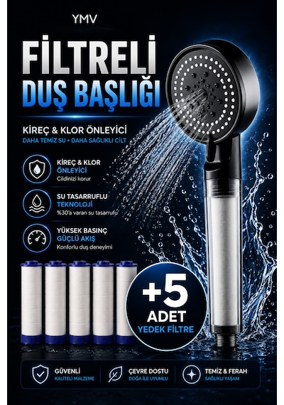 Ymv Filtreli Duş Başlığı Yüksek Basınçlı Banyo Başlığı Kireç Ve Klor Azaltıcı 5 Yedek Filtreli Su Tasarruflu Siyah