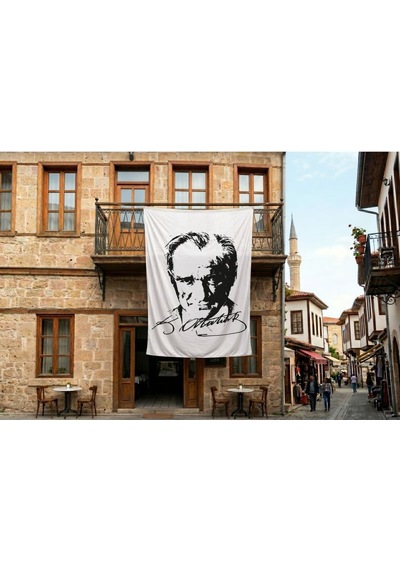 Siyah - Beyaz Mustafa Kemal Atatürk Silüeti Ve İmza Poster Bayrak Premium Raşel Kumaş 300x450cm Ata28 Diğer