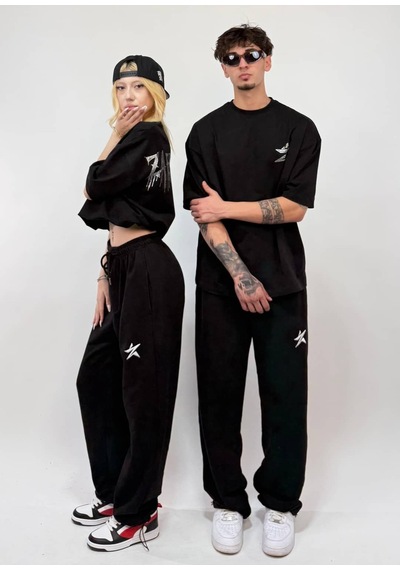 Zaee Star Taşlı Oversize Premium Tişört Siyah