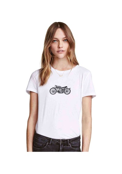 Nostalji Motor Baskılı Beyaz Kadın Tshirt