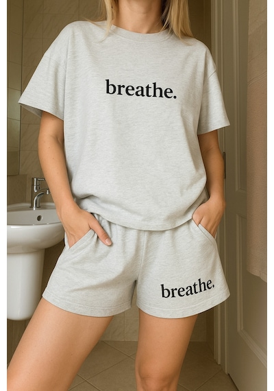 Unisex Breathe Baskılı Bisiklet Yaka Gri T-shirt Gri Şort Gri