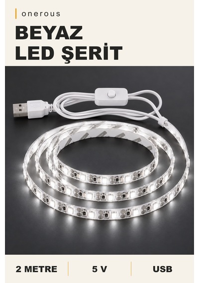 Onerous 2 M 5v Beyaz Led Şerit, Anahtarlı, Usb
