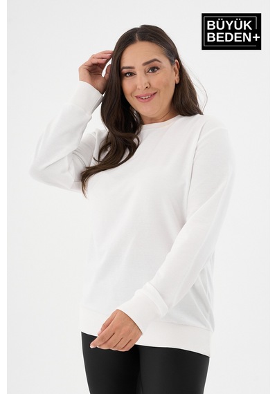 Süperlife Kadın Büyük Beden Bisiklet Yaka İnce Sweatshirt Spr24bswk56 Ekru
