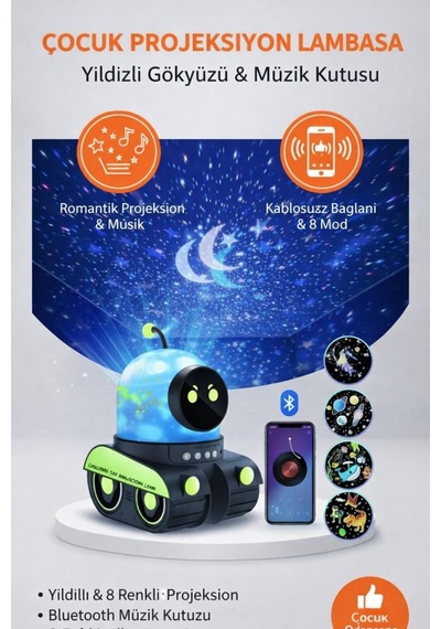 Çocuklar İçin Yıldızlı Gökyüzü Projeksiyon Lambası Müzikli & Bluetooth Çok Renkli