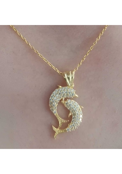 Gümüş Gold Çift Yunus Balığı Kadın Kolye Beyaz