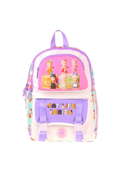 Kaukko Kids Dört Bölmeli Kız Çocuk Cat Life Baskılı Mor - Krem Okul Sırt Çantası - L5313
