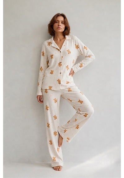Fit Women Kadın Gömlek Yaka Düğmeli Gece Giyimi Beyaz Pijama Takımı