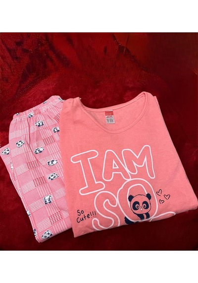 Novavita Yenihayat Yazı Basklı Pamuklu Pembe Resimli Pijama Takımı