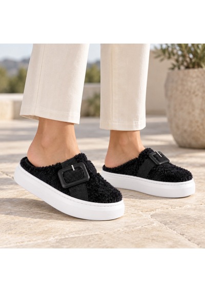 Erma Soft Buckle Kadın Peluş Tokalı Kapalı Burun Platform Terlik Kahverengi