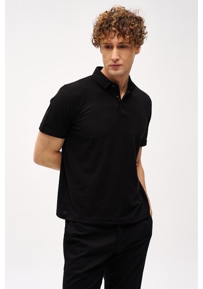 Siyah Slim Fit Dar Kalıp Fermuarlı Polo Yaka Desenli Kısa Kollu Tişört-16401 Siyah
