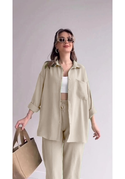 Barbora Keten Günlük Ikili Takım Elbise Pantolon Gömlek Ln21Ekru17 001
