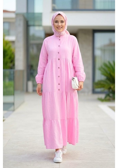 Hb Harma Time Butik Kadın Düğmeli Kat Detaylı Keten Pembe Elbise Pembe Pembe