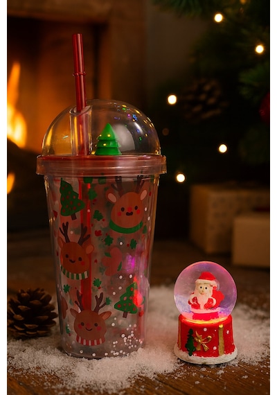 Yeni Yıl 2'li Hediye Seti Noel Geyikli Pipetli Suluk 450 Ml Ve Noel Baba Işıklı Kar Küresi 6.5 Cm Çok Renkli